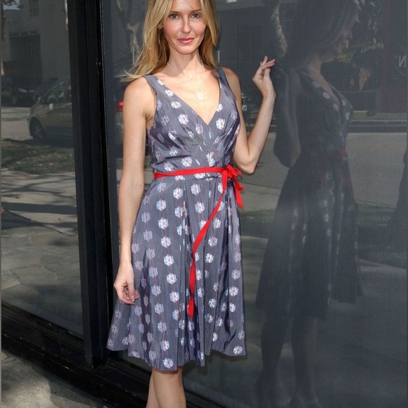 RARE Anthro Eva Franco Abigail Metallic Silver Polka Dot Tie Waist Bow Dress - 2 - Picture 4 of 15